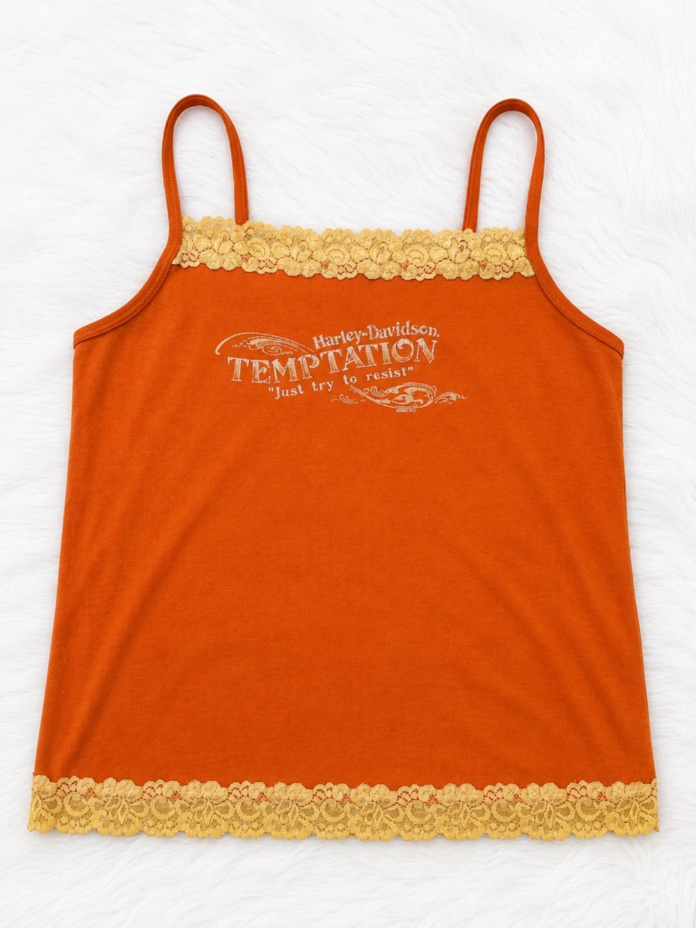 Harley-Davidson Temptation Lace Trim Y2K Cami Tank Top Medium Orange￼